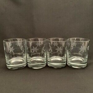Double Old Fashion Clear Glass Glasses Etched Leaves Lot of 4